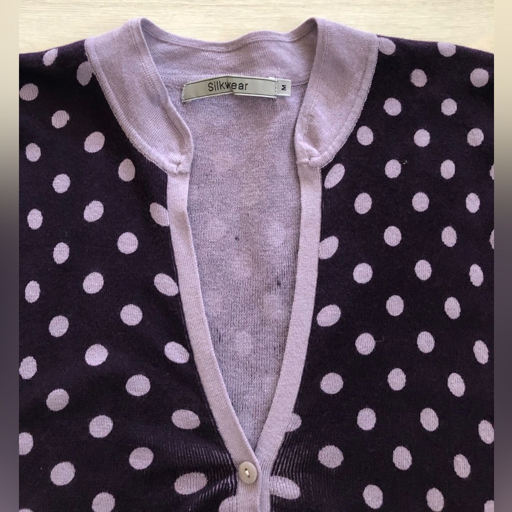 Silkwear Purple Polka Dot Buttoned V-Neck Belted Knit Cardigan Top Blouse - Picture 8 of 16